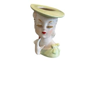 Green Vintage IRICE glamorous lady head vase gold lashes red nails
